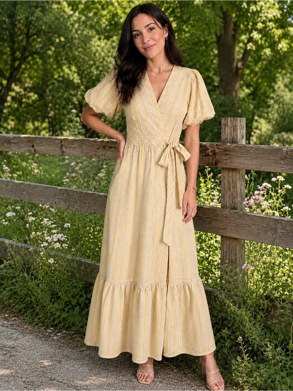 Draper James RSVP Yellow Stripe Linen Blend Wrap Midi Dress Size Small